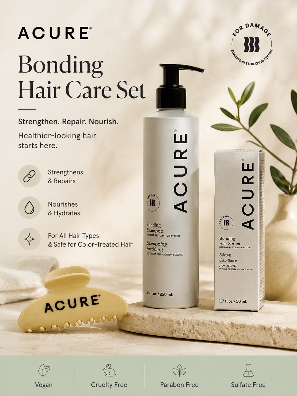 NEW ACURE Bonding Hair Repair Set Shampoo Serum + Claw Clip Gift Bundle